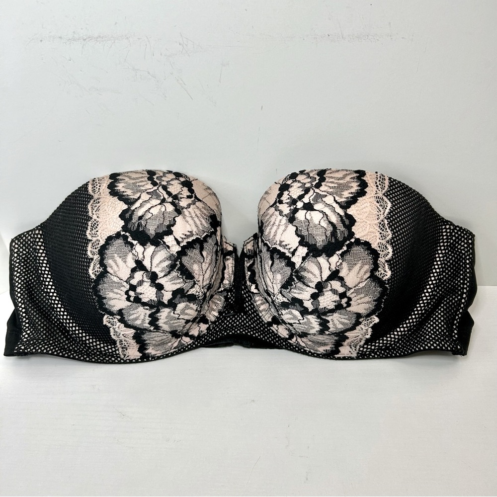 Cacique Lane Bryant Lightly Lined Multi-Way Strapless Black & Pink Lace Bra 44C